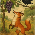 La volpe guarda l'uva sulla vite. Un corvo osserva la scena.